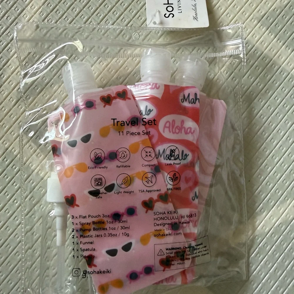 NWT! SOHA Hawaii Clear Travel Toiletry Bottle 11 Piece Set with Pink Accents